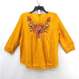 St Johns Bay Shirt Womens Size S Yellow 3/4 Sleeve Tasseled Pullover Blouse Top
